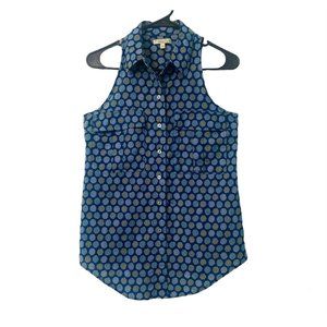 Anthropologie Porridge Button Up Shirt Blue Cotton Geometric Pockets Size 0